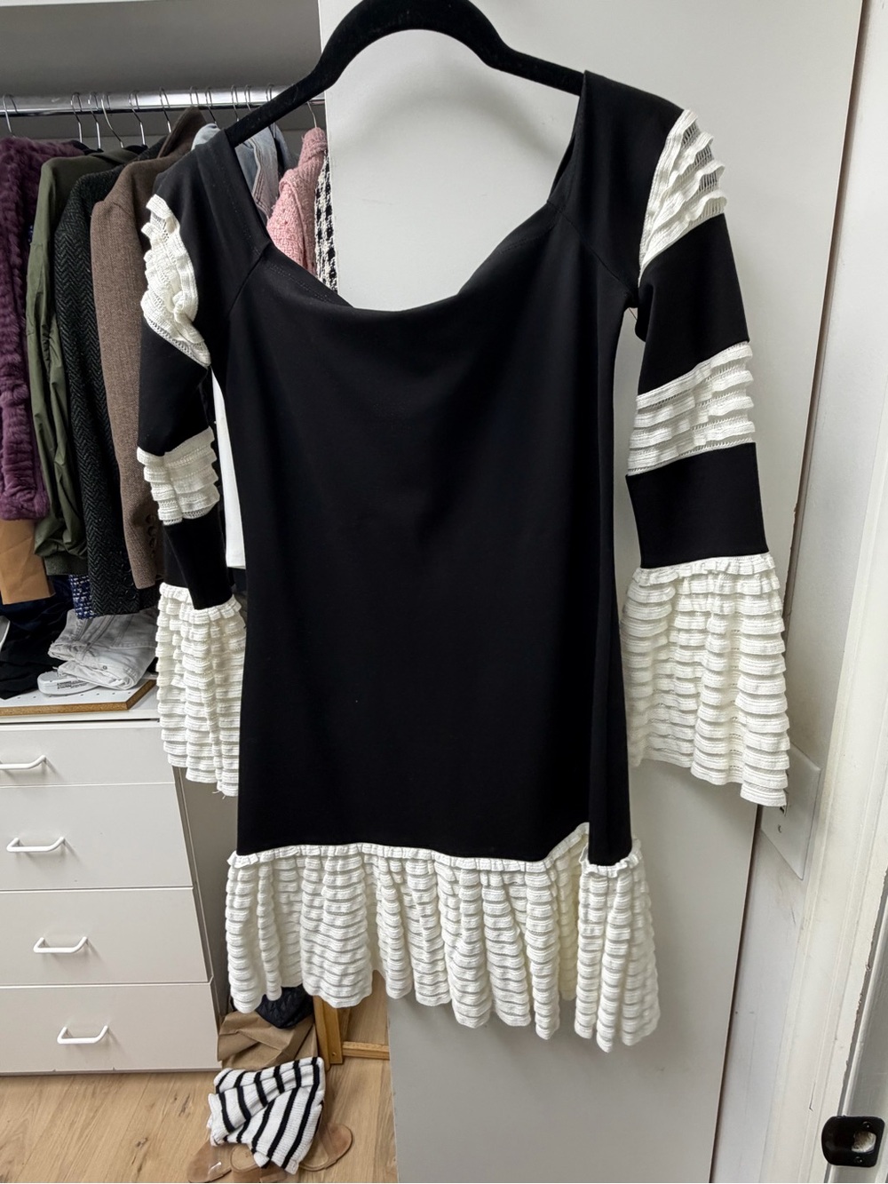 Alexis Black Dress with White Ruffle Trim